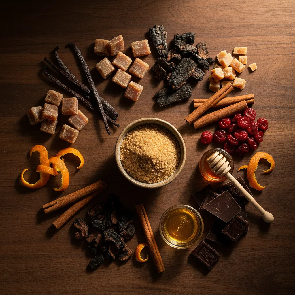 Overhead flat lay of bourbon tasting note ingredients including vanilla beans, cinnamon sticks, caramel, chocolate, cherries, and honey