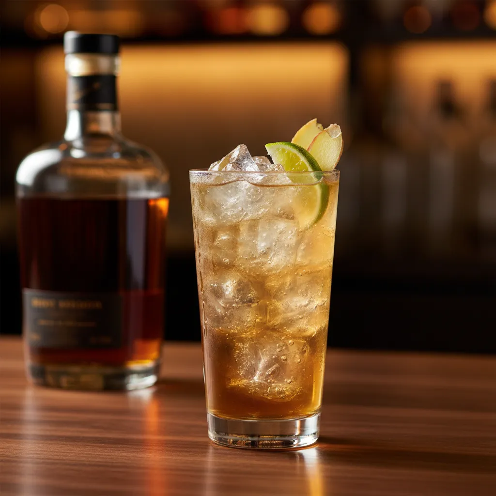 Bourbon and ginger ale highball cocktail in a tall glass with ice and lime garnish