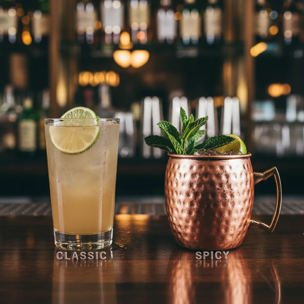Two bourbon ginger cocktails side by side, a classic highball glass version and a copper mug Kentucky Mule version, on a dark bar
