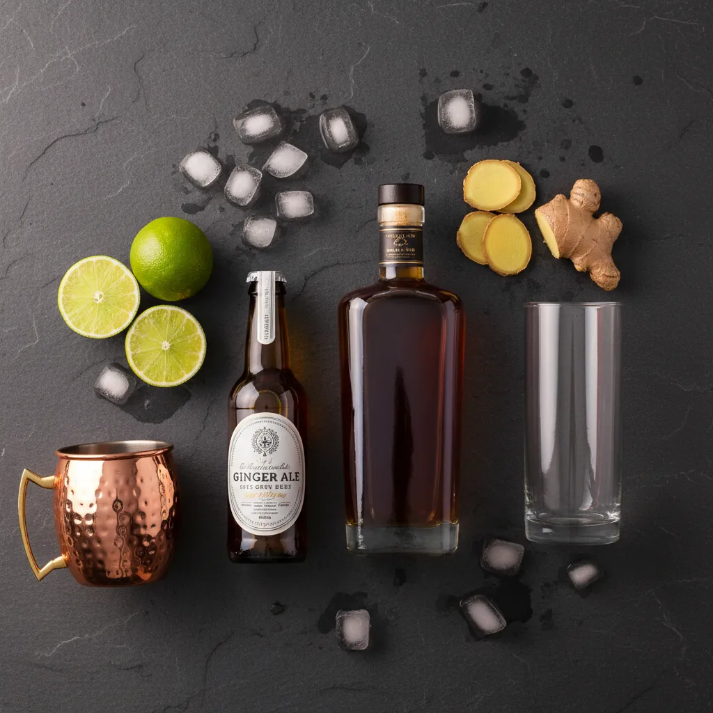 Overhead view of bourbon cocktail ingredients including bourbon bottle, limes, ginger ale, ginger beer, ice, and fresh ginger on a dark slate surface