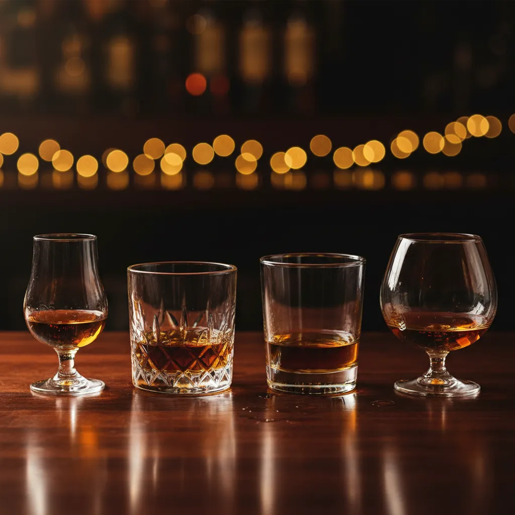 Four types of bourbon glassware: Glencairn, rocks glass, tumbler, and snifter