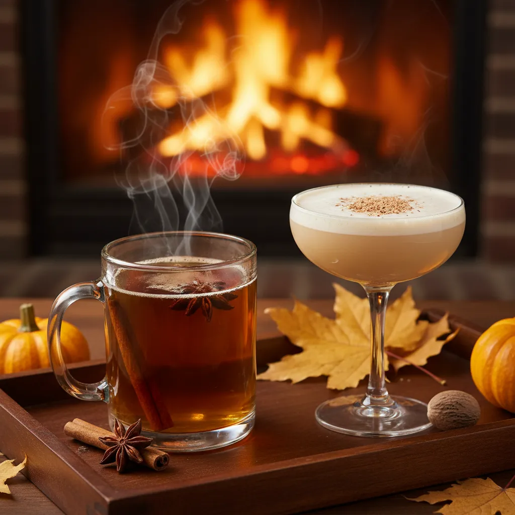 A bourbon chai hot toddy and brown butter bourbon flip cocktail by a fireplace with fall decor
