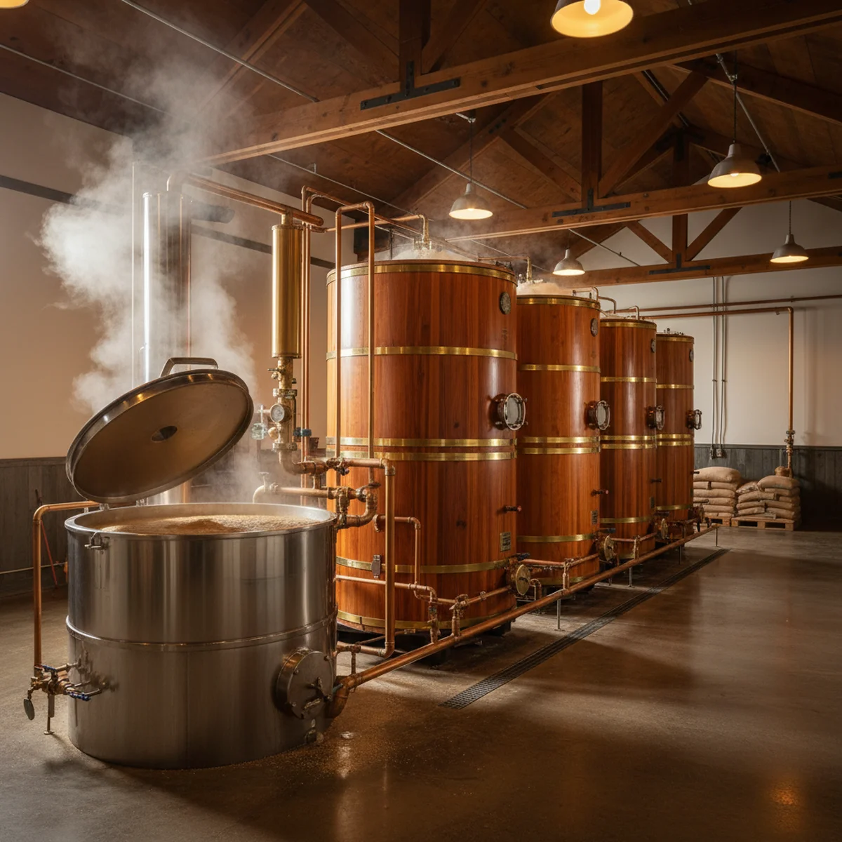 Inside a bourbon distillery showing the mashing process with a stainless steel mash tun and copper fermentation vessels