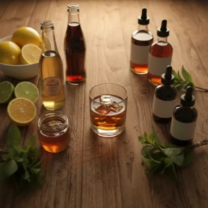 Overhead view of a bourbon cocktail bar setup with various mixers including ginger ale, lemons, limes, honey, bitters, and fresh mint on a rustic wooden bar top