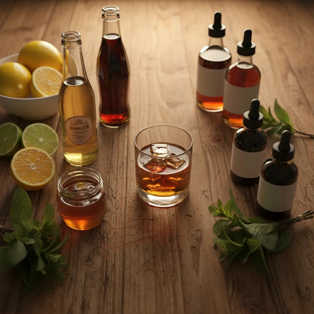 Overhead view of a bourbon cocktail bar setup with various mixers including ginger ale, lemons, limes, honey, bitters, and fresh mint on a rustic wooden bar top