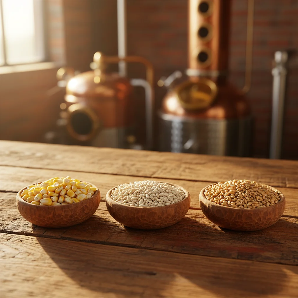 Corn, barley, and wheat grains in wooden bowls representing the key ingredients of bourbon, scotch, and whiskey.