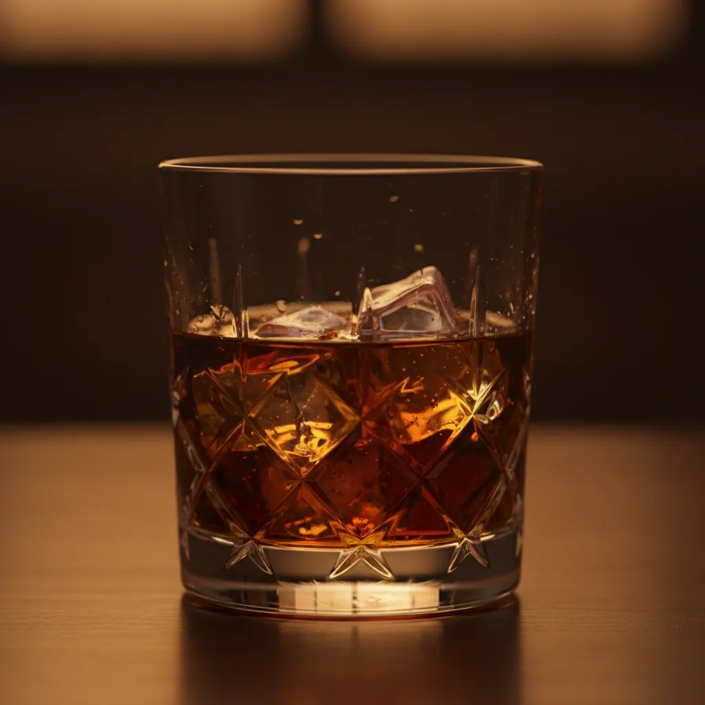 Close-up of bourbon whiskey in a crystal glass showing its rich amber color