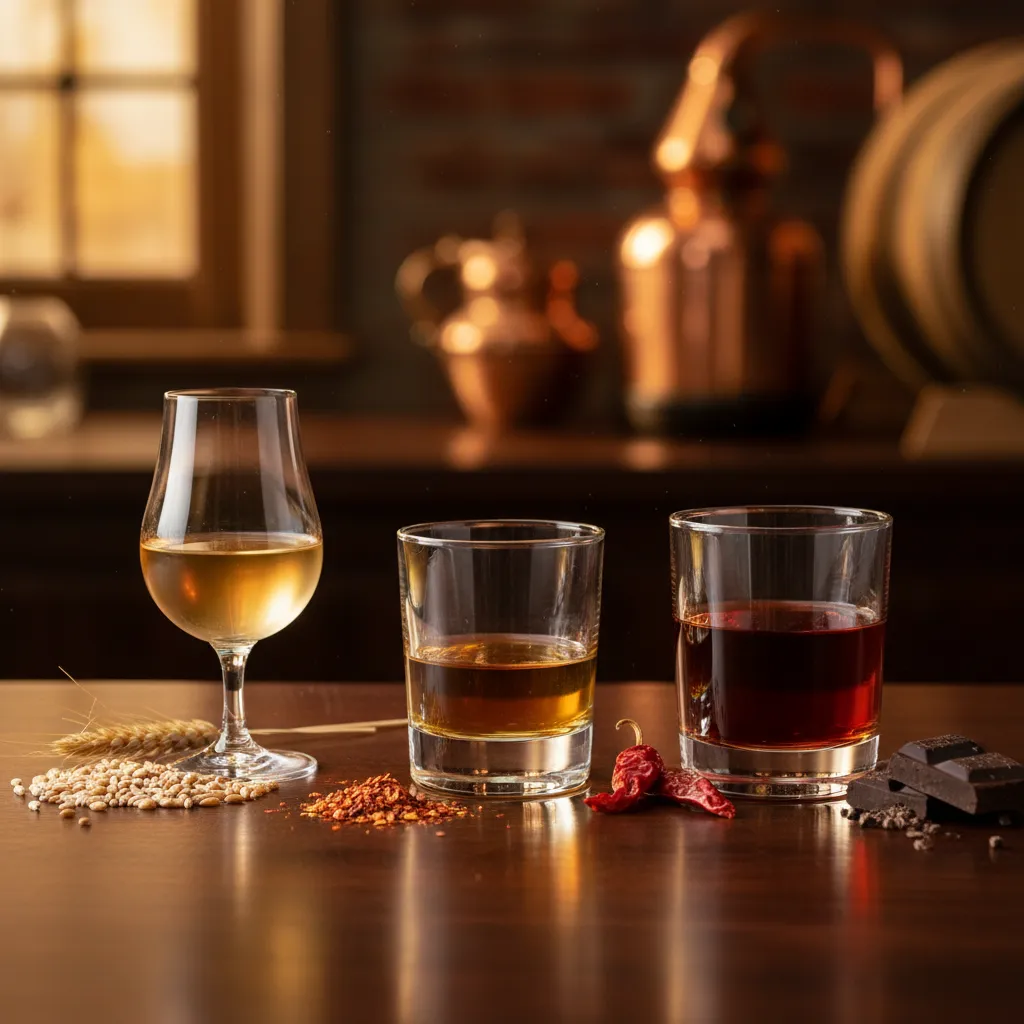 Three bourbon whiskey glasses showing different flavor styles from light wheated to bold double oak