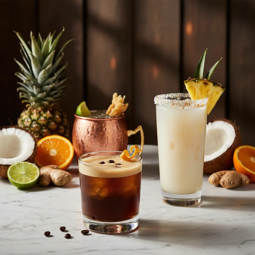 Creative bourbon cocktails with unexpected mixers including cold brew coffee bourbon, coconut water bourbon with pineapple garnish, and a bourbon ginger beer drink in a copper mug