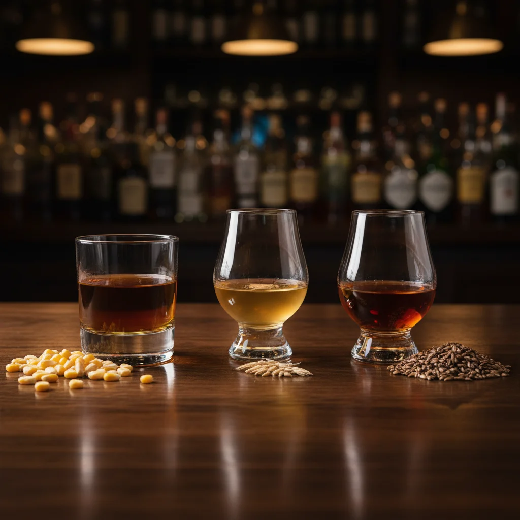 Three whiskey glasses comparing bourbon, whiskey, and scotch side by side on an oak bar with their key grains.