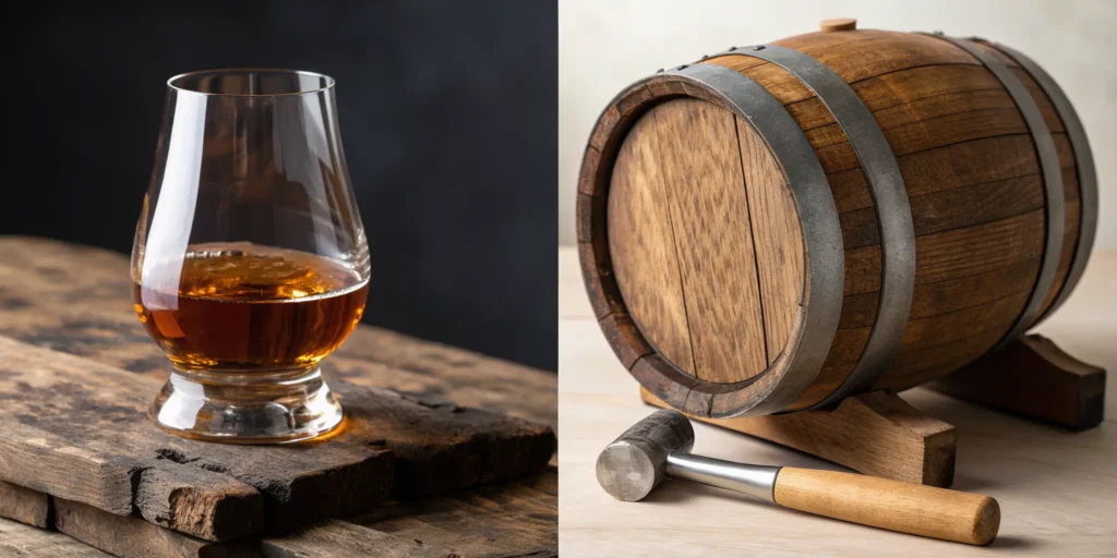 Difference between cask strength and barrel proof whiskey with a glass and small barrel.