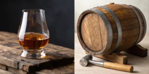 Difference between cask strength and barrel proof whiskey with a glass and small barrel.