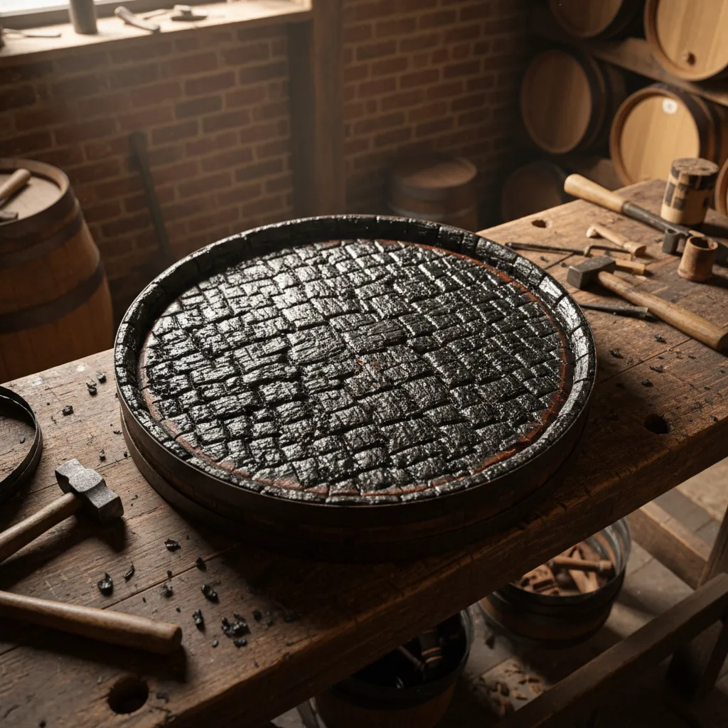 Close-up of a freshly charred oak barrel interior showing the alligator char pattern used for aging bourbon