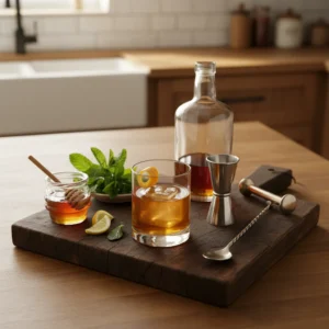 A bourbon cocktail on a rustic wooden cutting board with fresh ingredients and bar tools