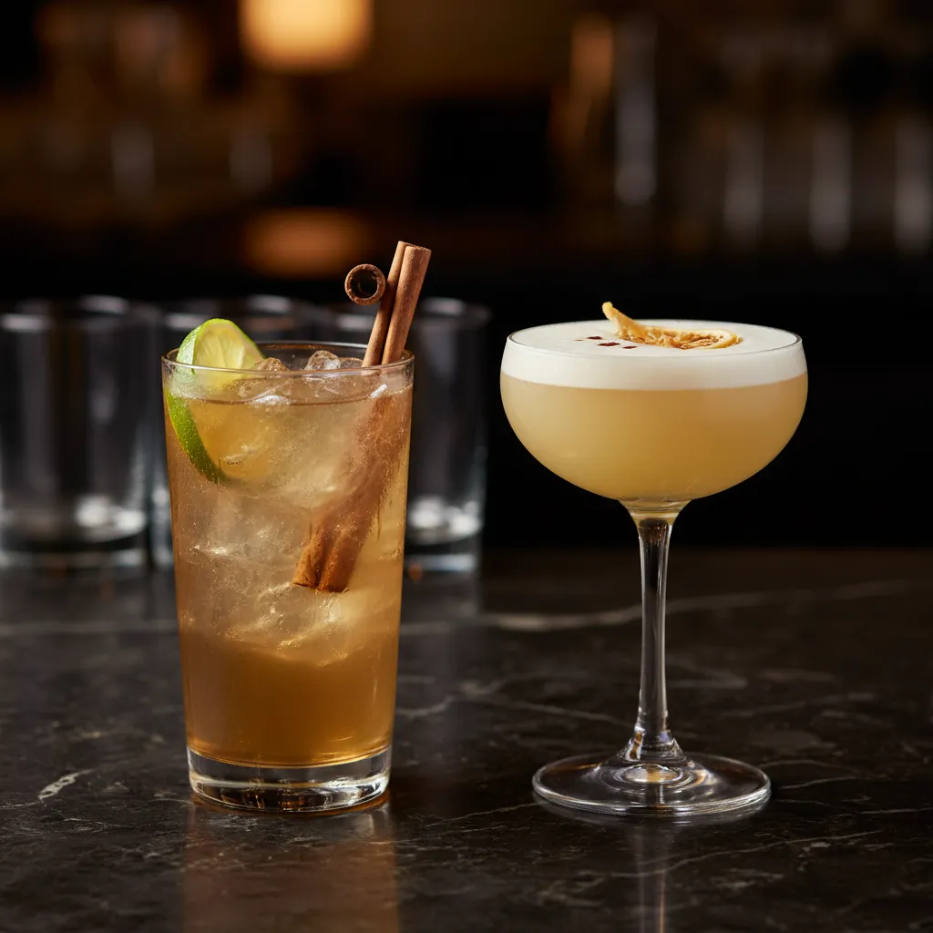 A bourbon highball and a whiskey sour cocktail on a dark marble countertop