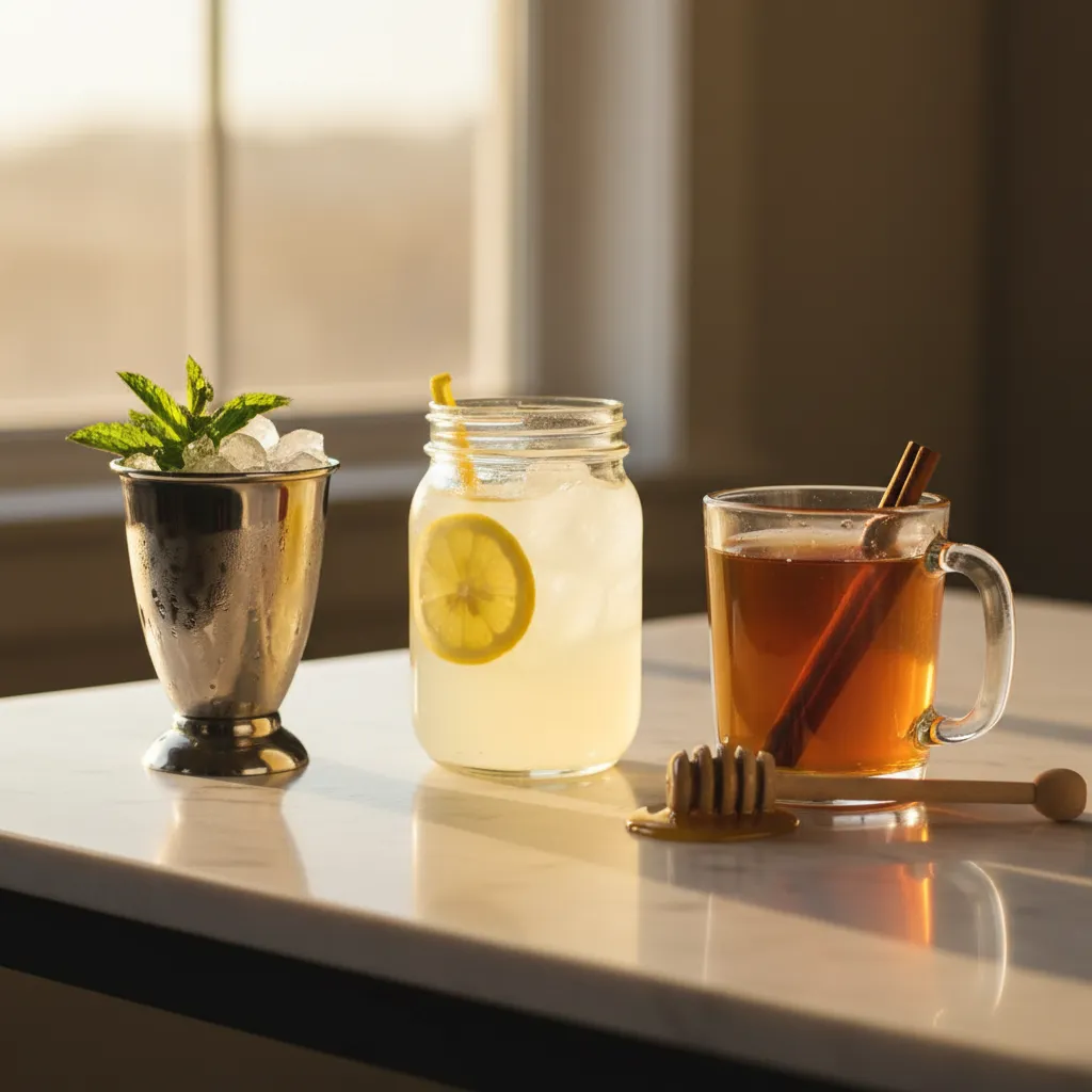 Three easy bourbon cocktails: a mint julep, bourbon lemonade, and hot toddy