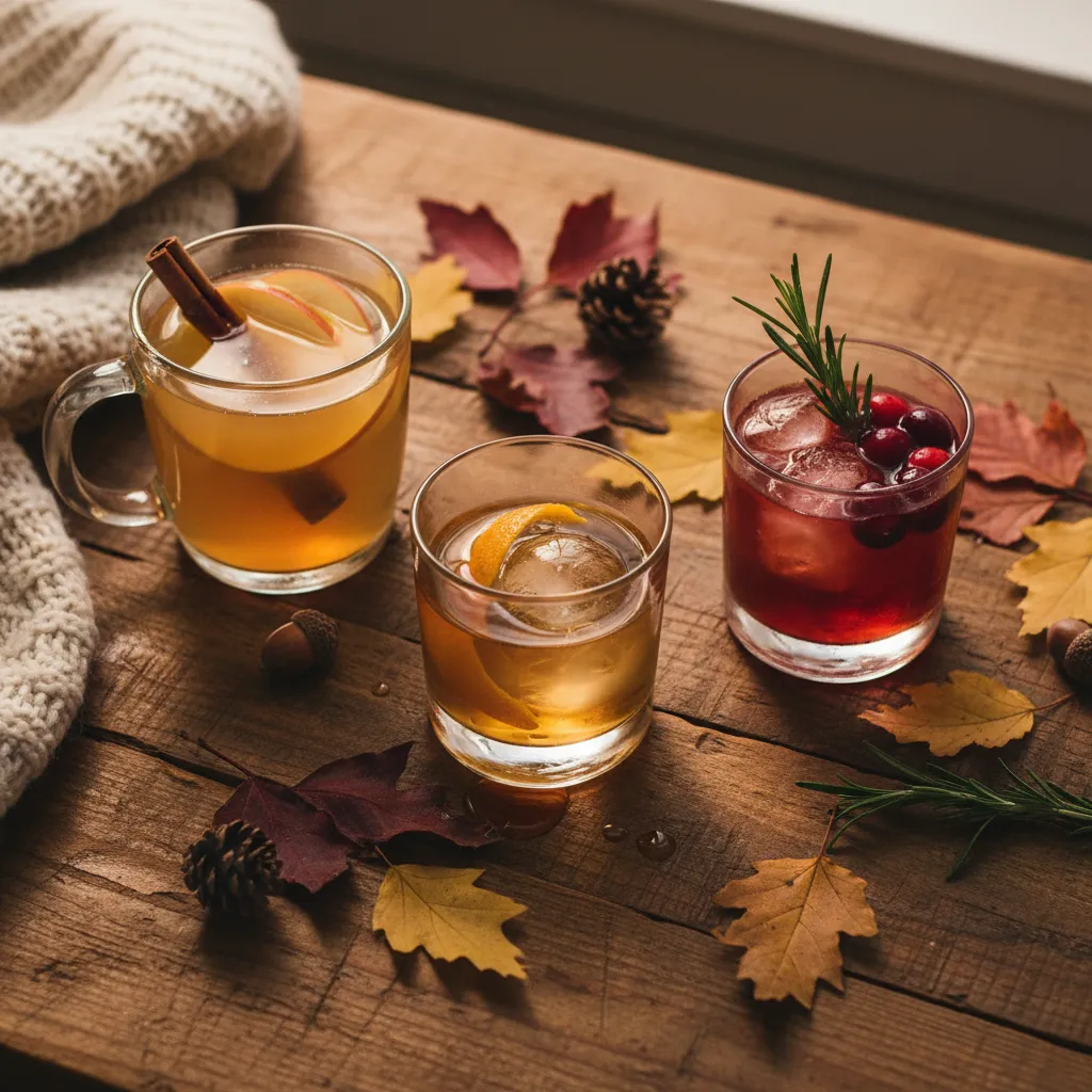 Fall whiskey cocktails on a rustic wooden table with autumn leaves, cinnamon sticks, and cranberry garnishes