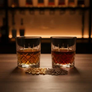 Two crystal whiskey glasses with bourbon and rye whiskey beside corn kernels and rye grain on a dark bar surface
