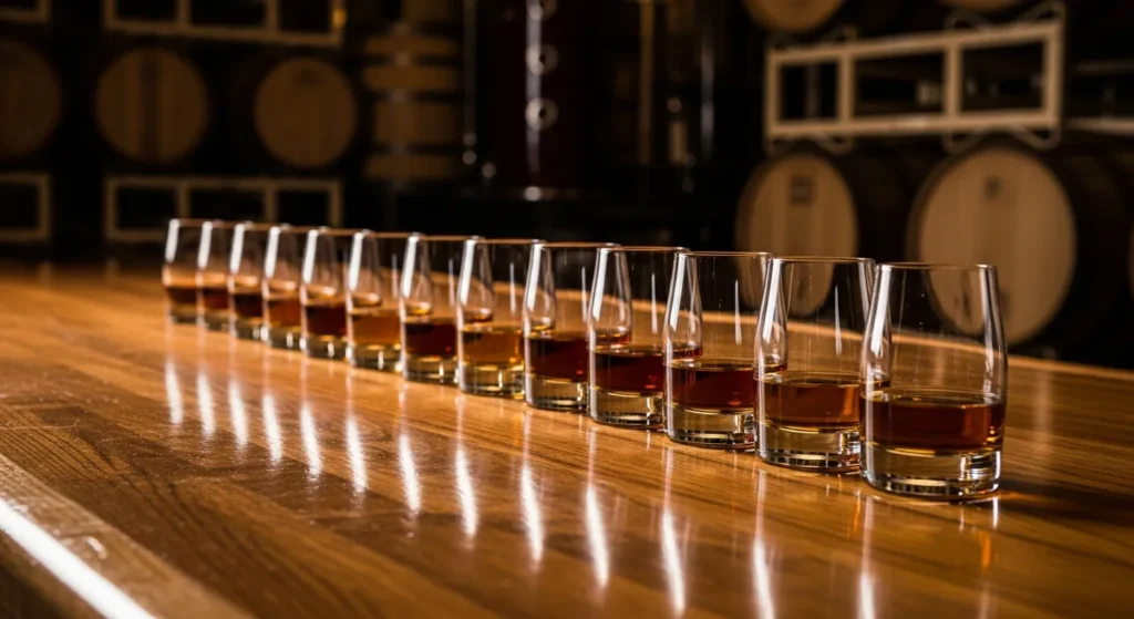 Multiple glasses of different types of bourbon on a wooden bar with barrels in the background.