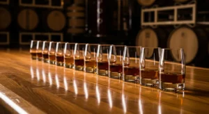 Multiple glasses of different types of bourbon on a wooden bar with barrels in the background.
