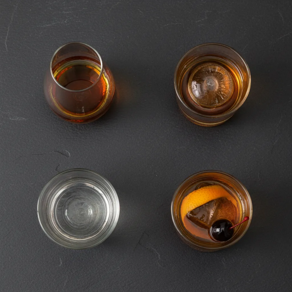 Four ways to drink bourbon: neat, on the rocks, with water, and in an Old Fashioned cocktail