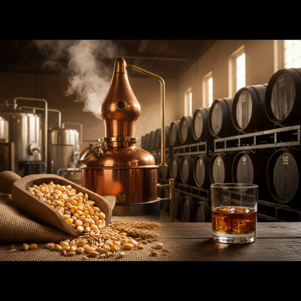 Bourbon production from grain to glass showing corn kernels, a copper still, oak barrels, and a glass of bourbon