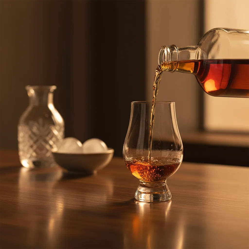 Golden bourbon being poured into a Glencairn glass on a walnut bar