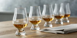 A Glencairn glass of whiskey on a table, ready for a tutorial on how to nose whiskey.