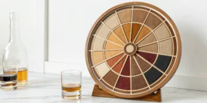 A bourbon flavor wheel chart used to identify flavor notes in tasting glasses.
