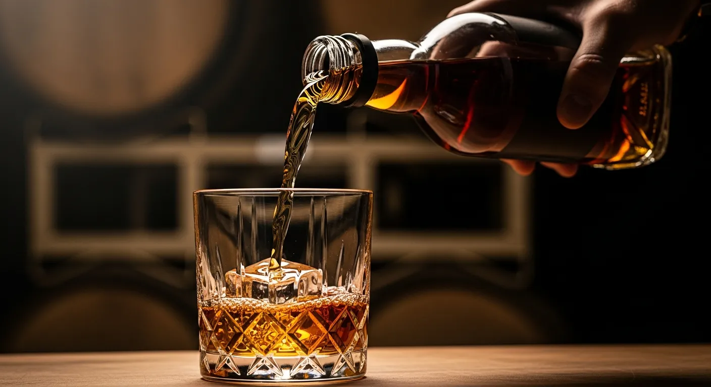 Golden bourbon being poured from a bottle into a crystal glass in a distillery.