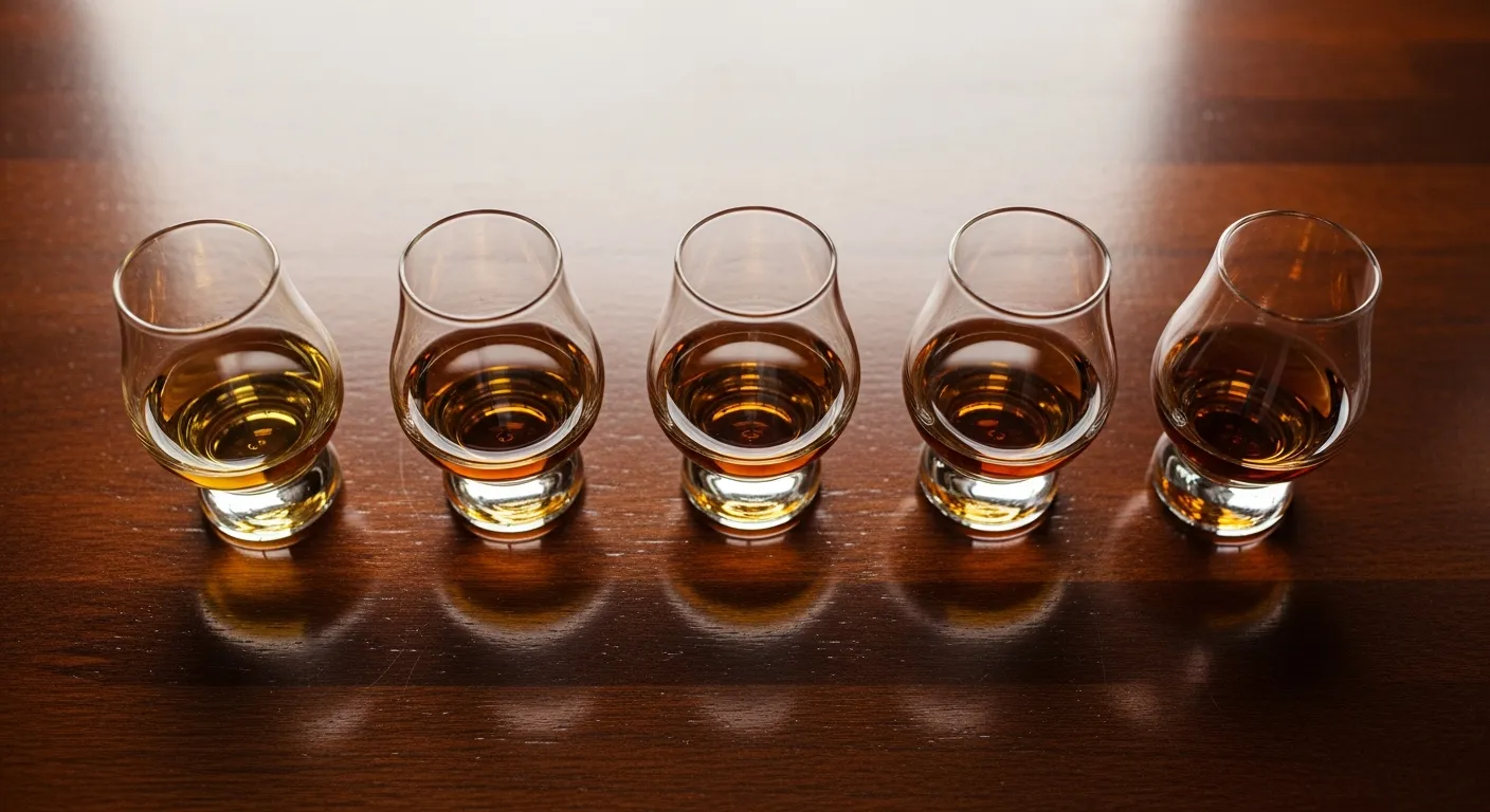 A bourbon tasting flight showing different types of bourbon in varying amber shades.