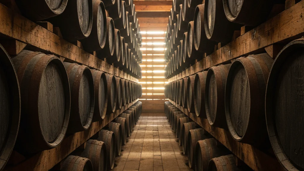 Rows of bourbon barrels aging inside a traditional Kentucky rickhouse with light filtering through wooden slats