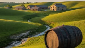 Kentucky bourbon country landscape with rolling green hills, distillery buildings, and a bourbon barrel in the foreground