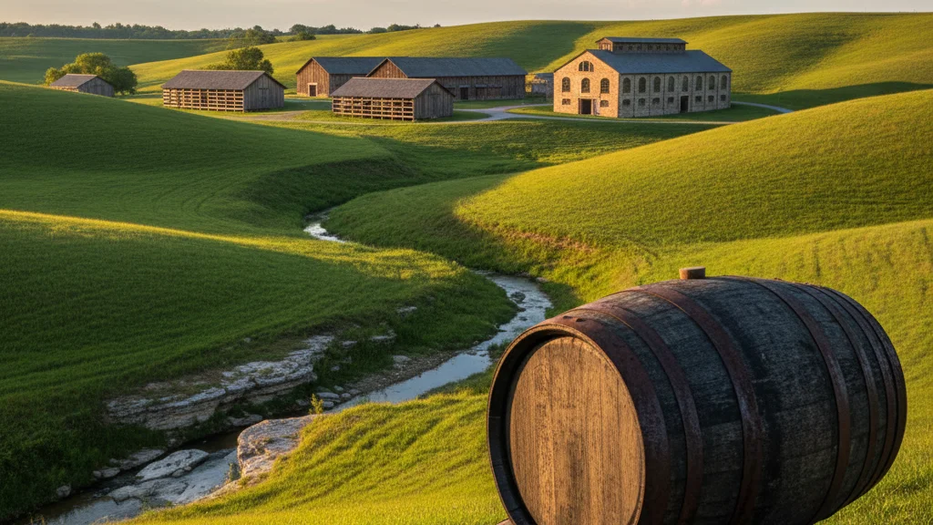 Kentucky bourbon country landscape with rolling green hills, distillery buildings, and a bourbon barrel in the foreground