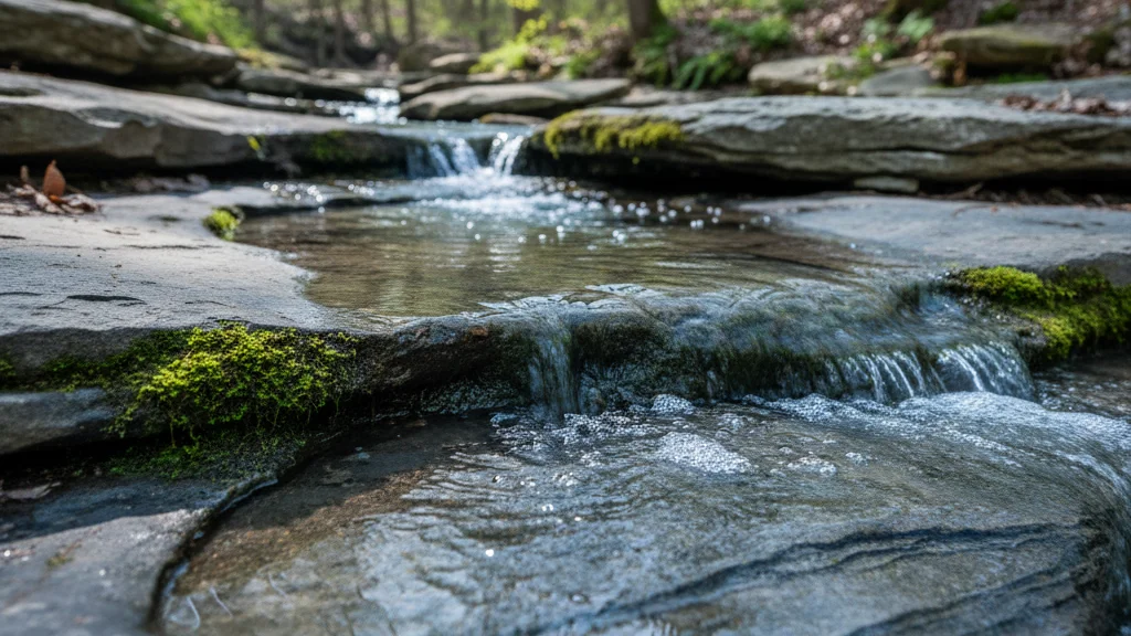 Clear water flowing over limestone rocks in a Kentucky creek, the natural filtration system behind great bourbon