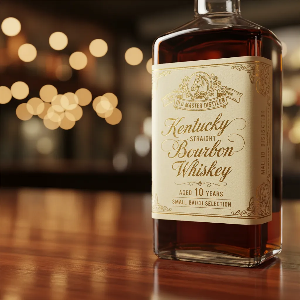 A premium Kentucky Straight Bourbon Whiskey bottle label with gold lettering on a bar surface