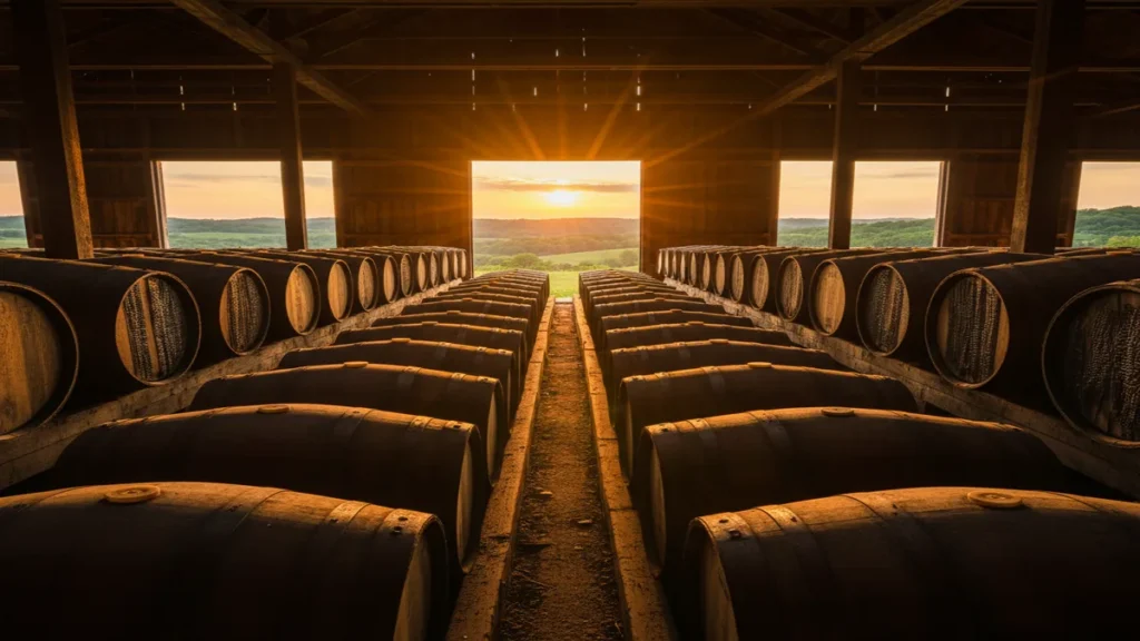 Kentucky straight bourbon whiskey aging in charred oak barrels inside a rickhouse at golden hour