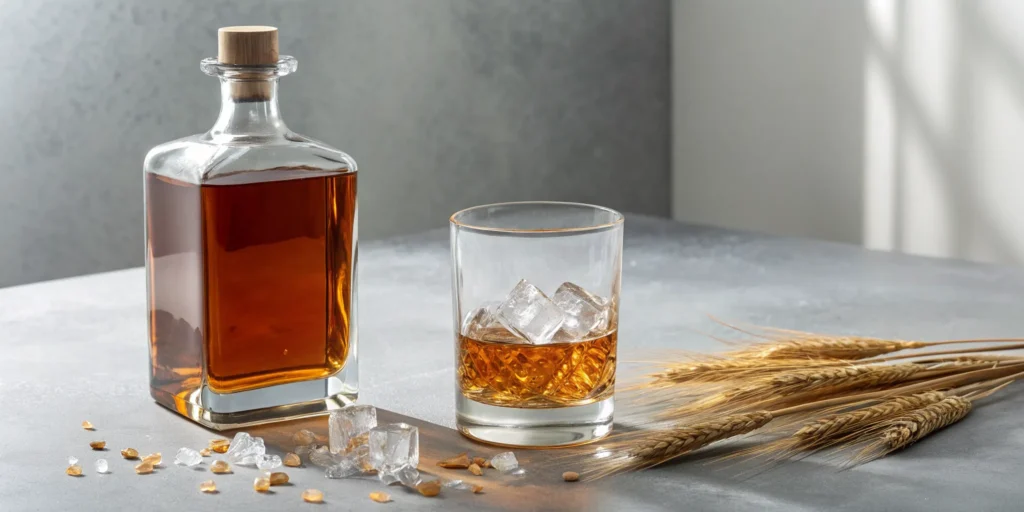 A bottle of Mary Dowling Winter Wheat bourbon next to a glass with ice and stalks of wheat.