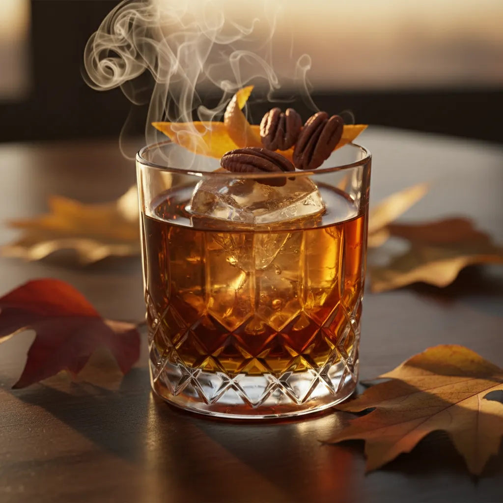 A smoked pecan bourbon Old Fashioned in a crystal rocks glass with toasted pecans and autumn leaves