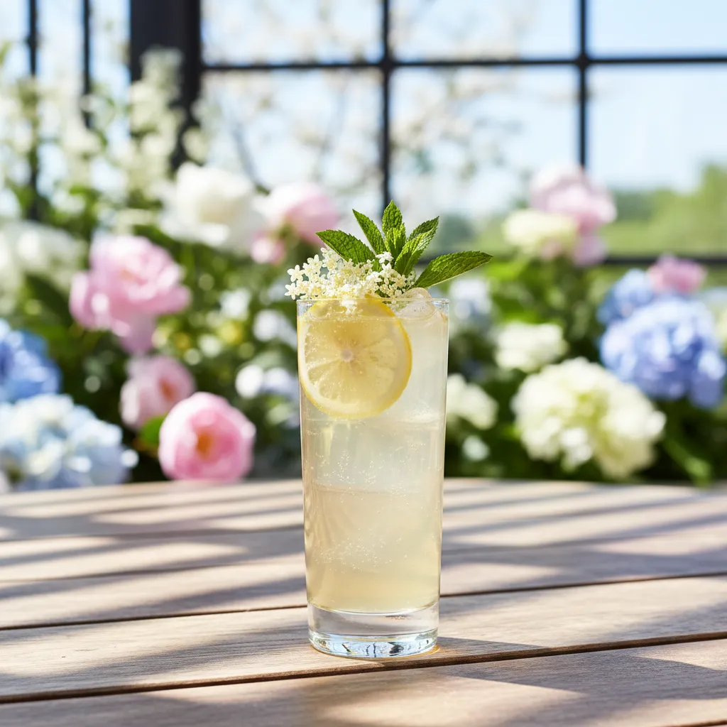 A refreshing bourbon elderflower Collins cocktail garnished with edible flowers and lemon