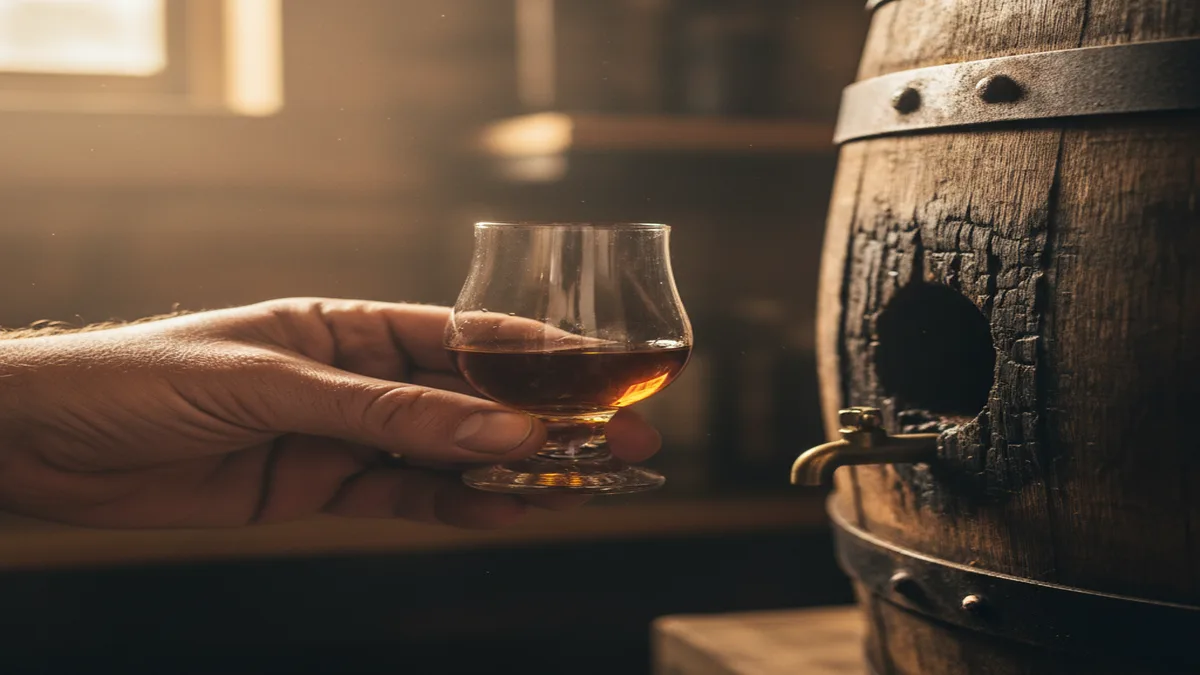 A distiller sampling Kentucky straight bourbon whiskey from a charred oak barrel