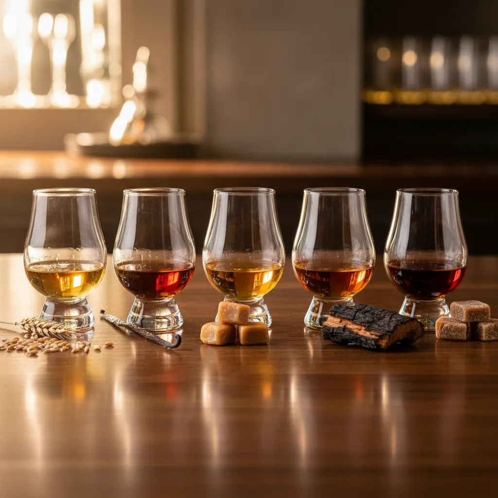 Five bourbon glasses in a row showing different amber shades from light gold to deep copper, representing the spectrum of sweet bourbon styles