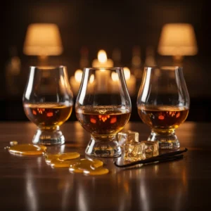 Three bourbon glasses filled with golden amber whiskey on a bar with honey and vanilla bean accents