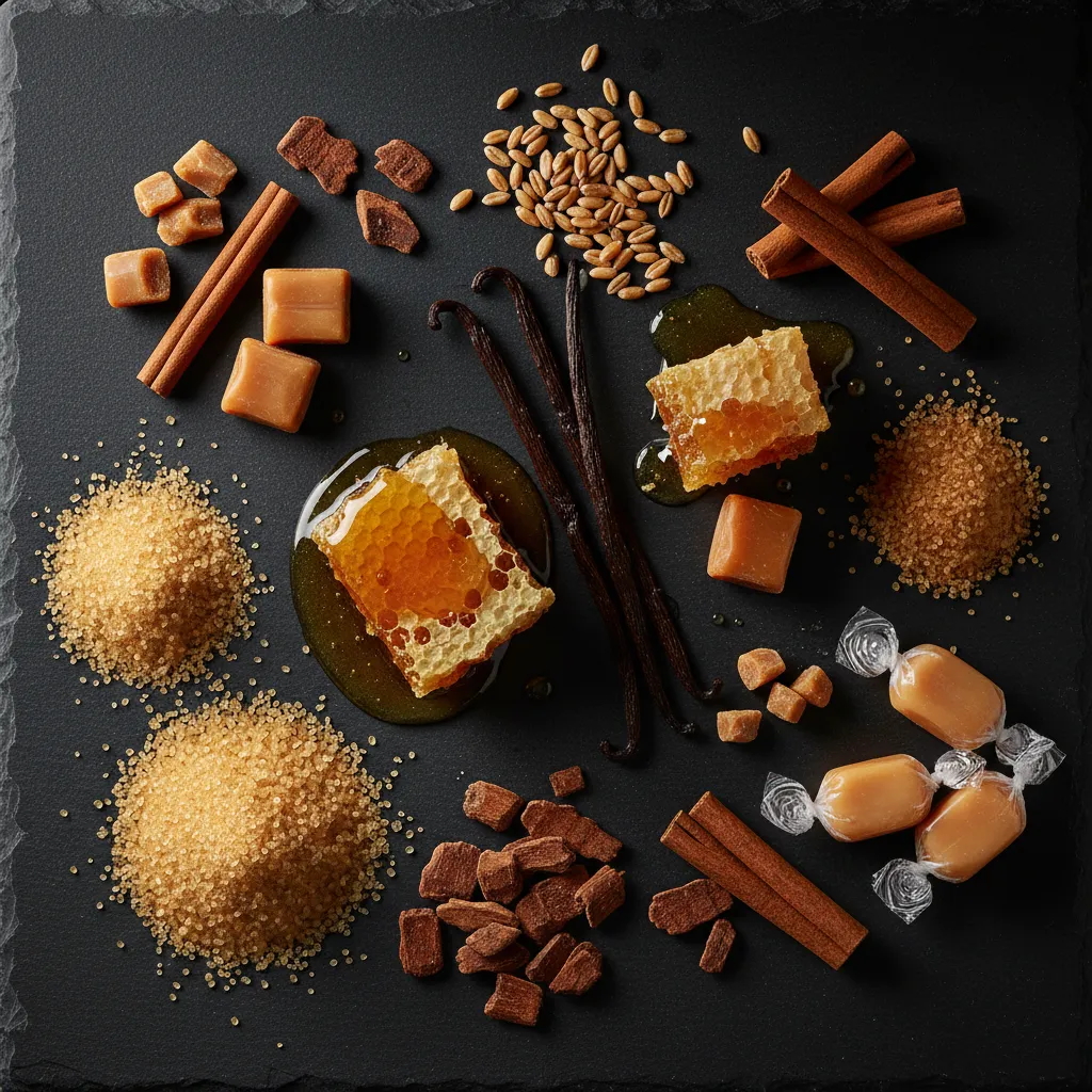 Sweet ingredients found in bourbon flavor profiles including honeycomb, vanilla beans, caramel, wheat grains, toasted oak, and brown sugar on a dark slate surface