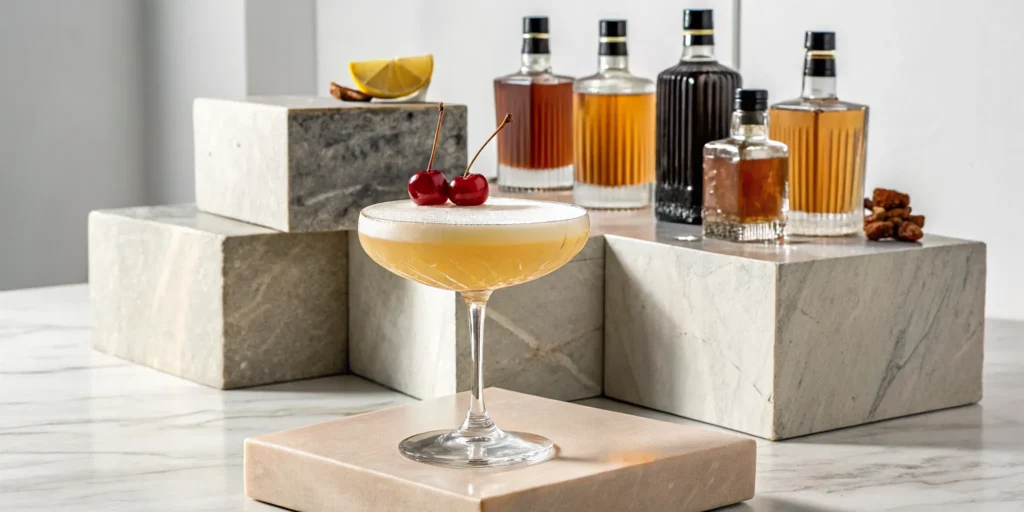 A whiskey sour cocktail with a cherry garnish, surrounded by the best bourbon for the drink.