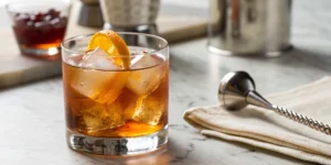 Bourbon old fashioned recipe with maple syrup and an orange garnish.