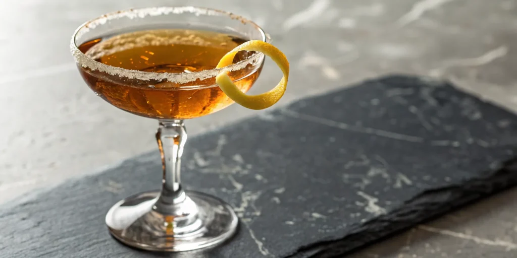 Classic bourbon sidecar recipe served in a coupe glass with a sugar rim and lemon twist.