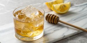 A Bourbon Gold Rush cocktail with its recipe ingredients, fresh lemon and a honey dipper.