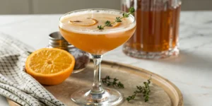 Bourbon honey cocktail recipe in a coupe glass with an orange slice and thyme garnish.
