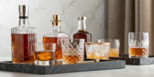 An elegant bourbon gift set with a crystal decanter and matching whiskey glasses.